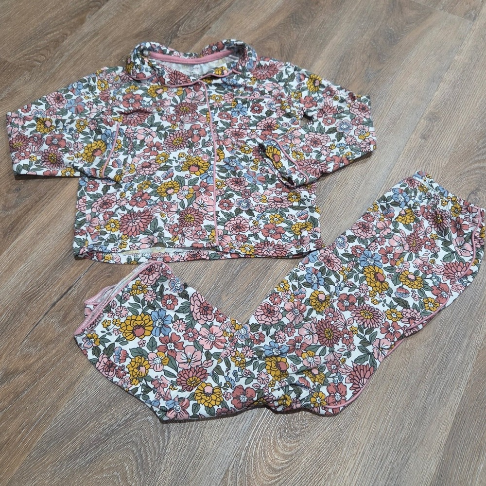 Tahari Girl Kids Floral Pajama Set Pink Yellow Blue Button Front Size 5/6
